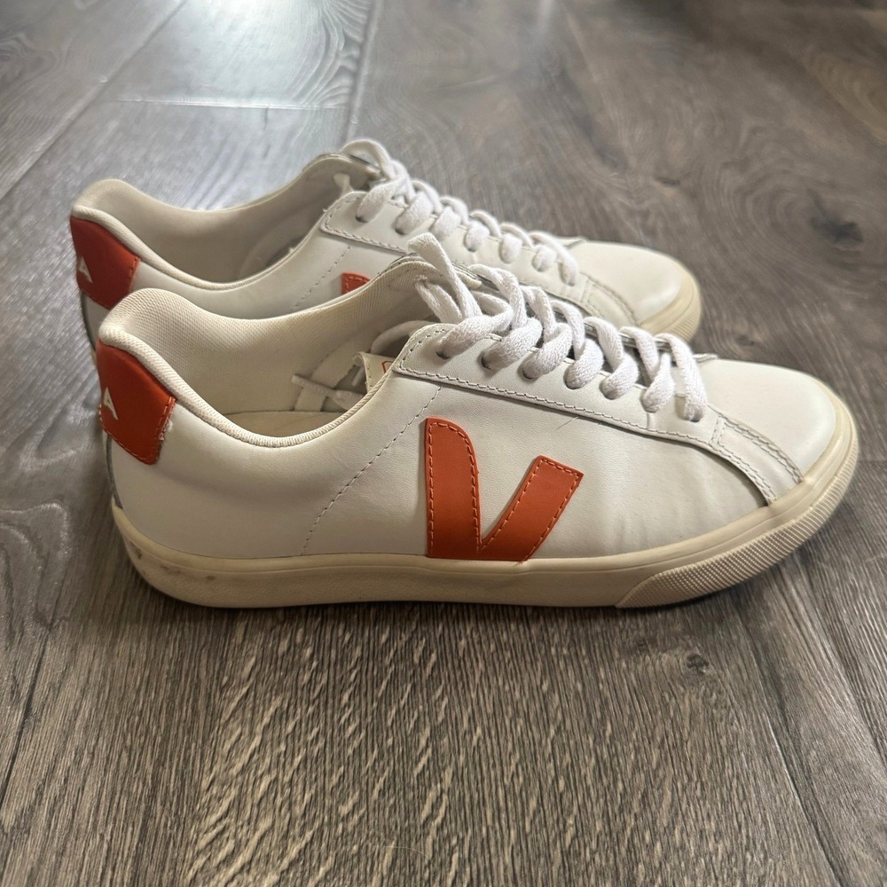 Veja Esplar Leather Sneakers 7 White Orange Sustainable Low Top Excellent